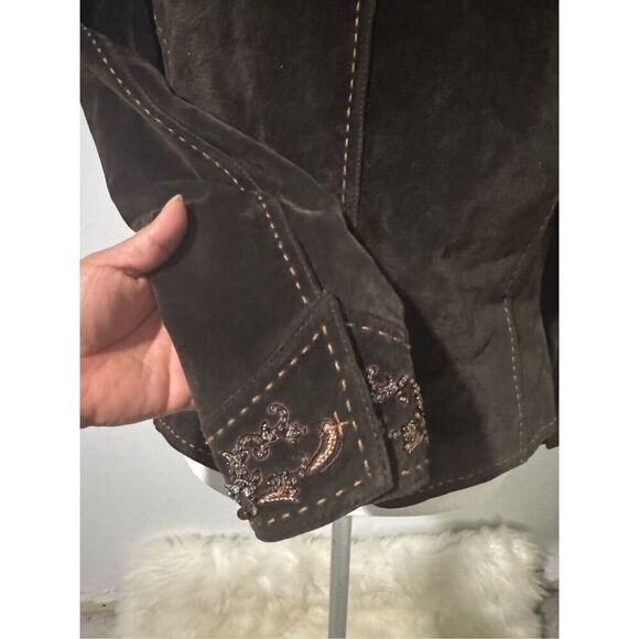 Coldwater Creek brown suede Leather stitching details sequin beaded embellishmen - Picture 6 of 10